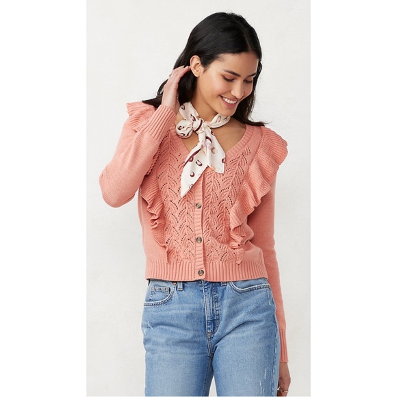 LC Lauren Conrad Sweaters - NWT LC Lauren Conrad Ruffle Pointelle Cardigan Pink Size XXL
